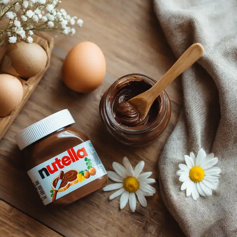 Nutella and egg on wooden table for mug cake