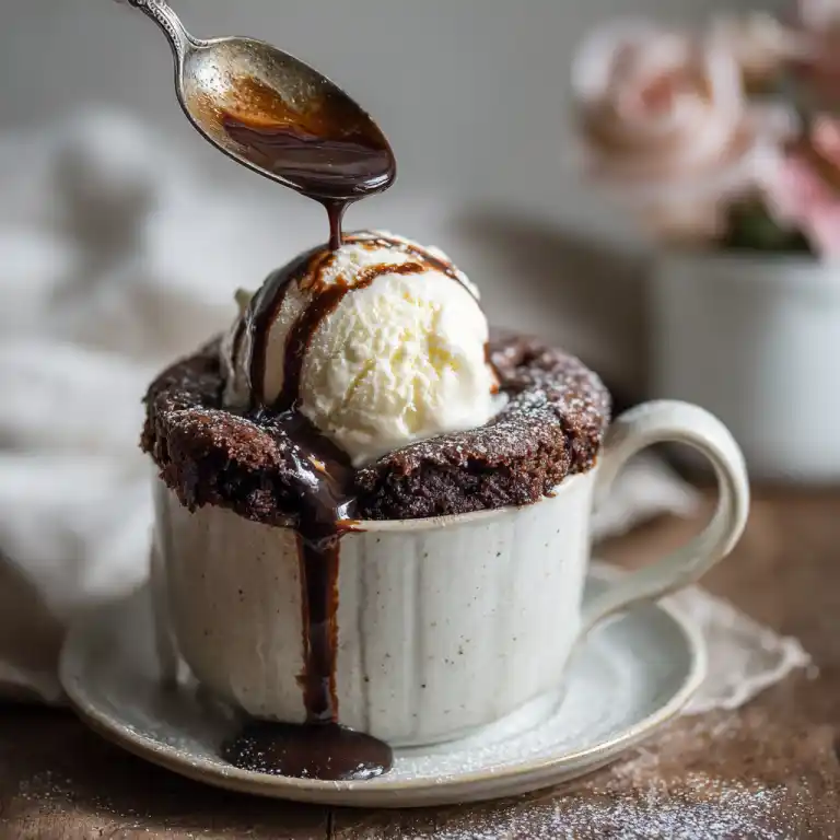 Nutella mug cake with ice cream served warm in a mug