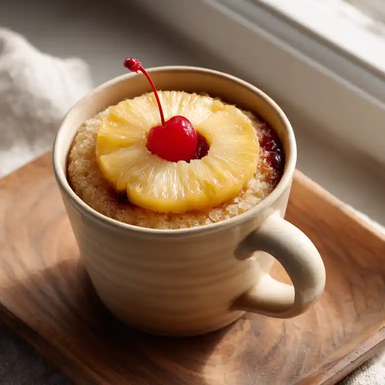 pineapple upside down mug cake in ceramic mug