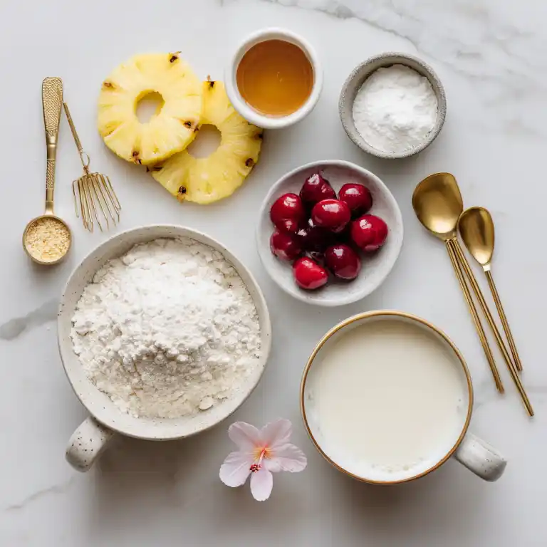 pineapple upside down mug cake ingredients flat lay