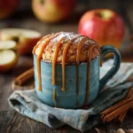 Salted Caramel Apple Mug Cake on rustic fall table
