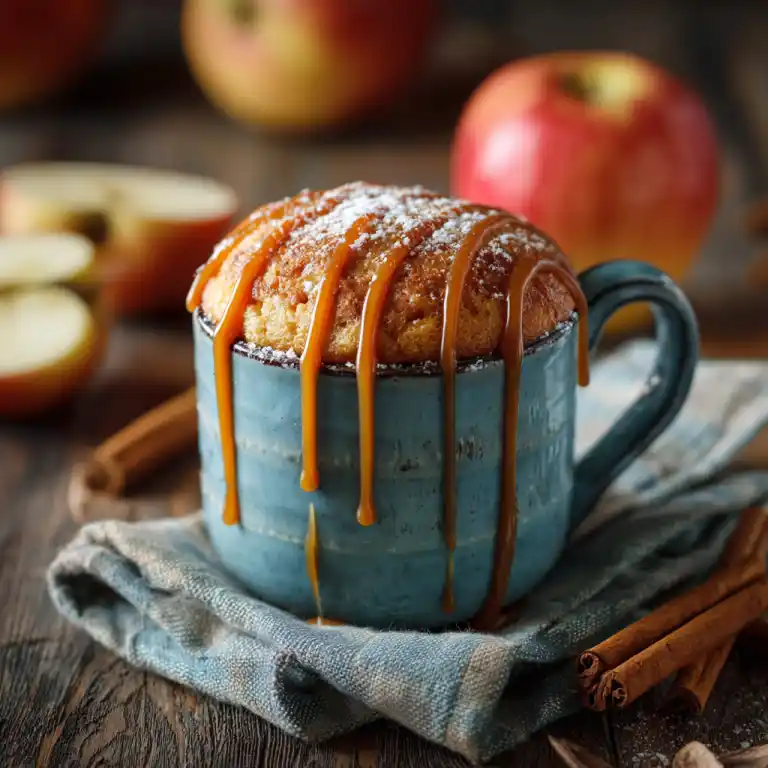 Salted Caramel Apple Mug Cake on rustic fall table