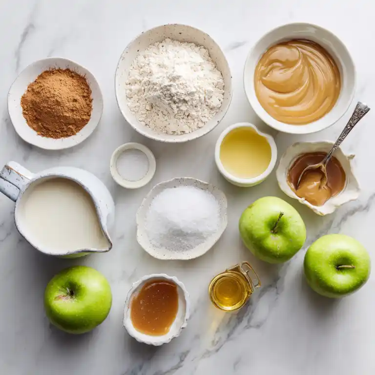 Salted Caramel Apple Mug Cake ingredients on marble