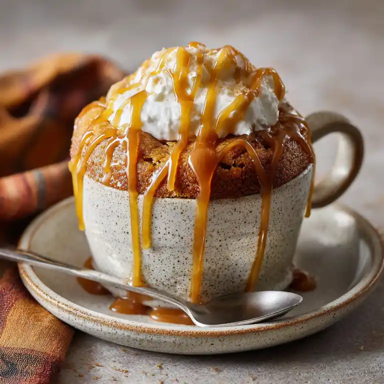 Salted Caramel Apple Mug Cake served with caramel and cream