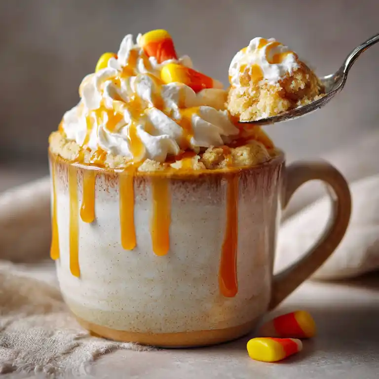 served candy corn mug cake with whipped cream