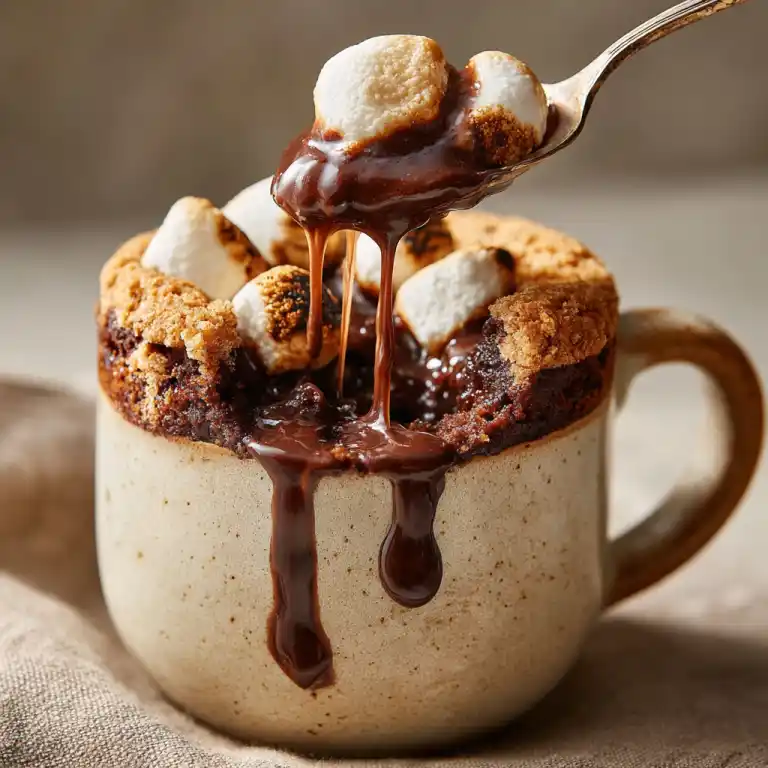 served hot cocoa mug cake with fudge and marshmallows