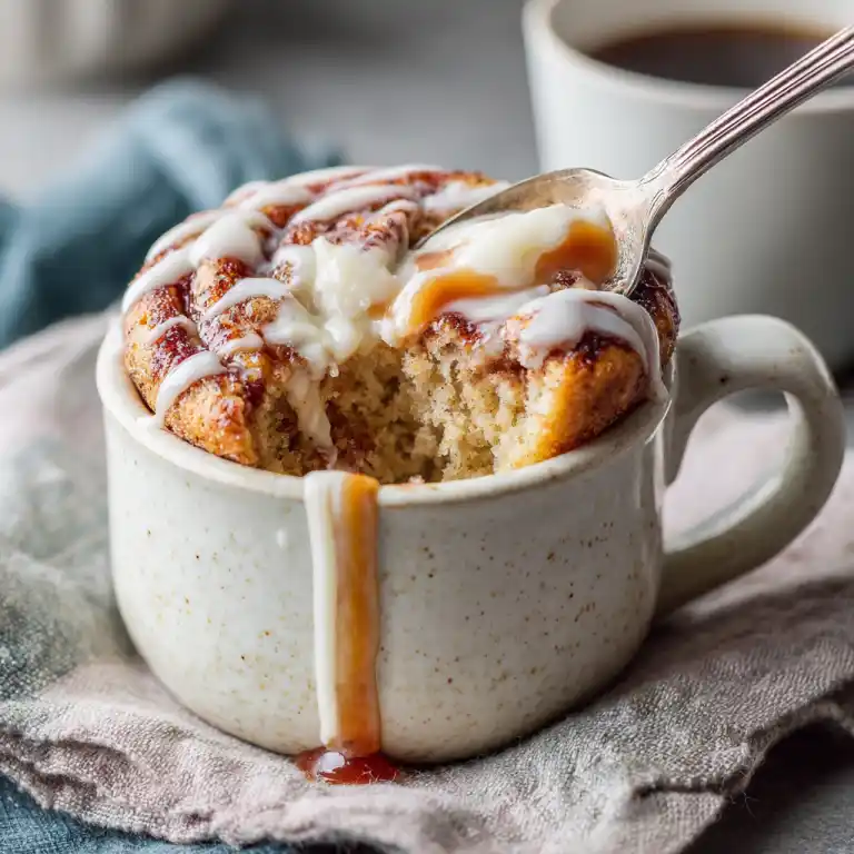 Served 3 ingredient cinnamon roll mug cake with glaze