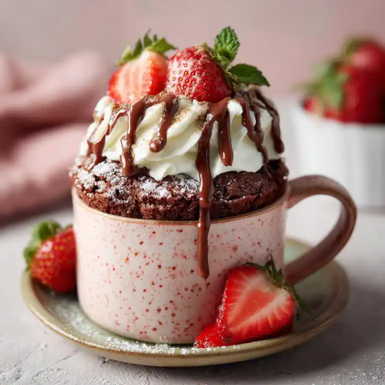 strawberry mug cake in ceramic mug with fresh strawberries