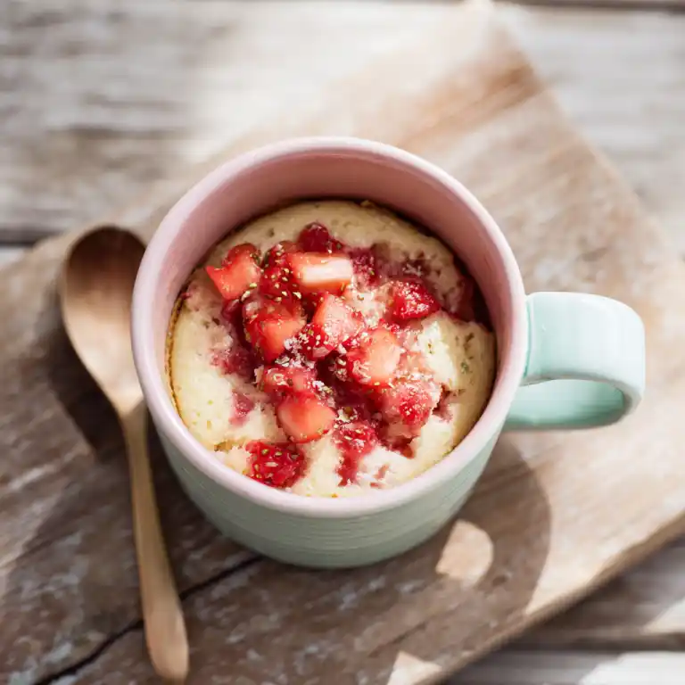 strawberry mug cake in ceramic mug with fresh strawberries