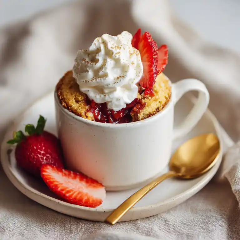 strawberry mug cake served on a plate with whipped cream