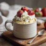 strawberry shortcake mug cake in ceramic mug with whipped cream