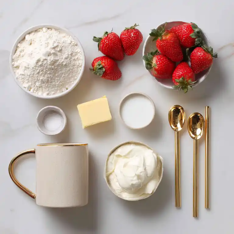 strawberry shortcake mug cake ingredients flat lay on marble
