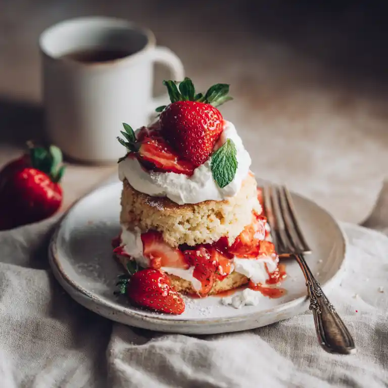 strawberry shortcake mug cake plated with whipped cream