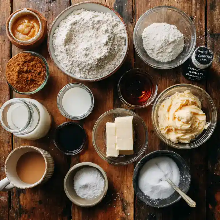 Vanilla chai mug cake ingredients on a wooden surface