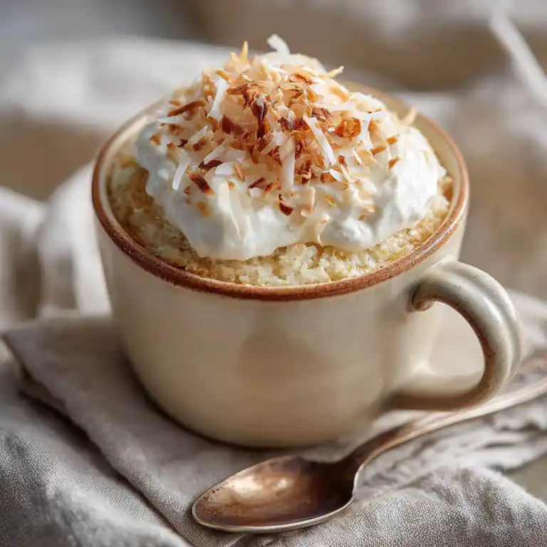 served vanilla coconut cottage cheese mug cake with coconut topping
