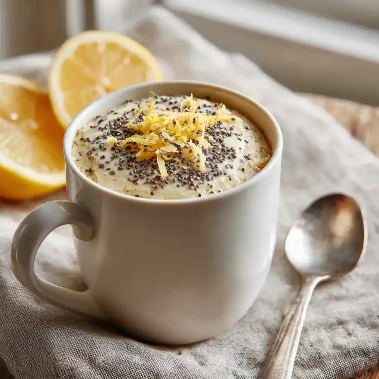 Lemon Poppy Seed Mug Cake in mug with lemon zest topping
