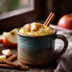 Apple mug cake in ceramic mug on kitchen counter