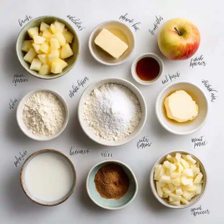 Apple mug cake ingredients arranged flat lay style