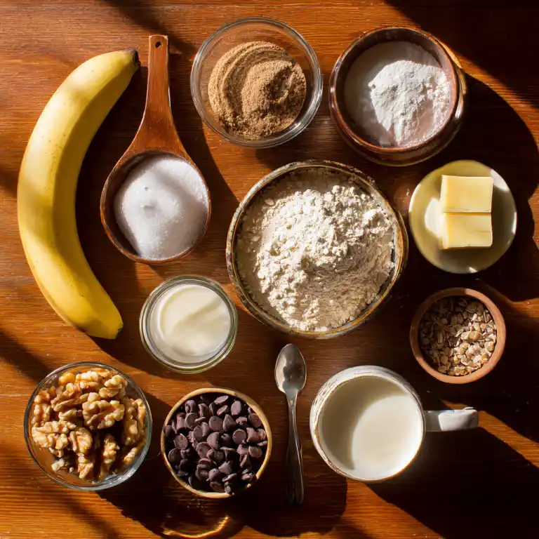 banana bread mug cake ingredients on rustic table