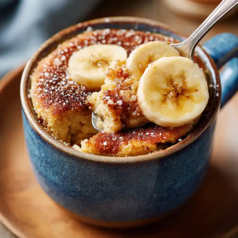 banana bread mug cake with banana slices on top