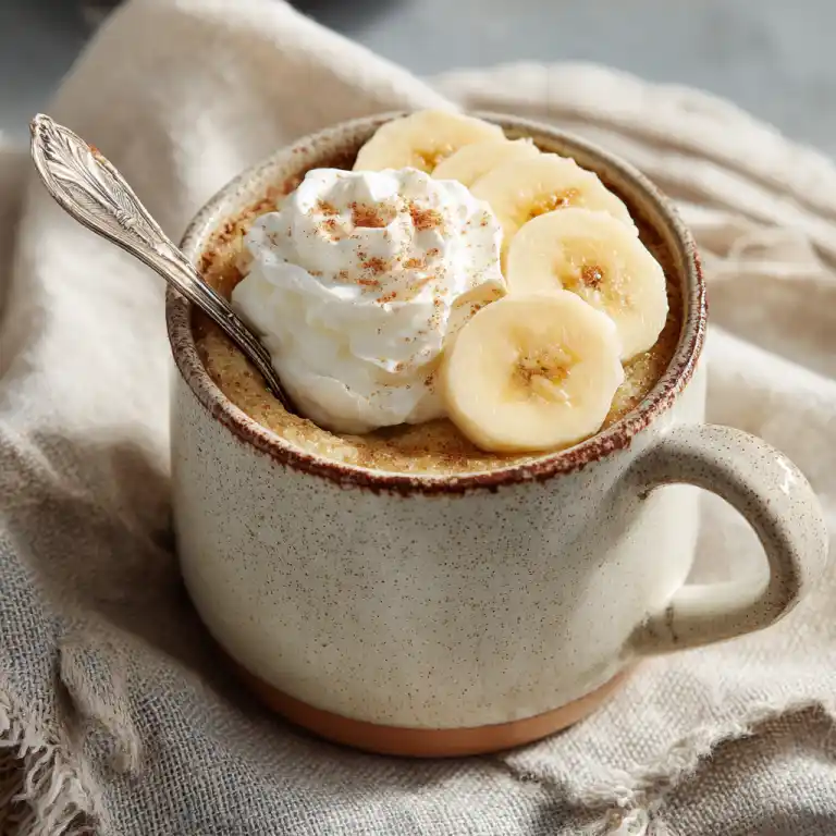 banana mug cake served with whipped cream and banana slices