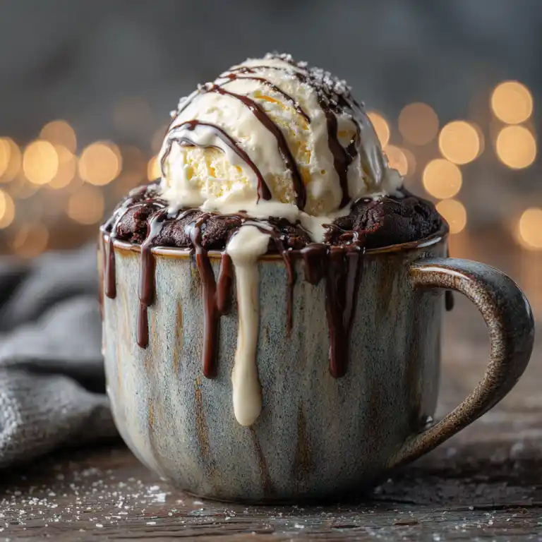 Served Black Friday Chocolate Mug Cake topped with ice cream and chocolate drizzle