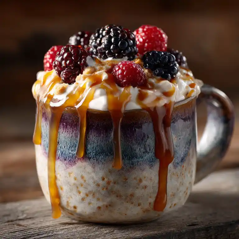 Served Black Friday Fruit Dessert Mug topped with yogurt and honey