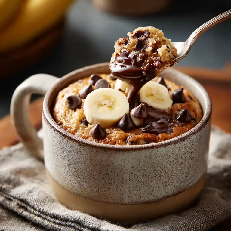 spoon scooping warm banana bread mug cake