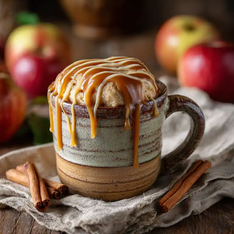 Caramel apple mug cake with caramel drizzle