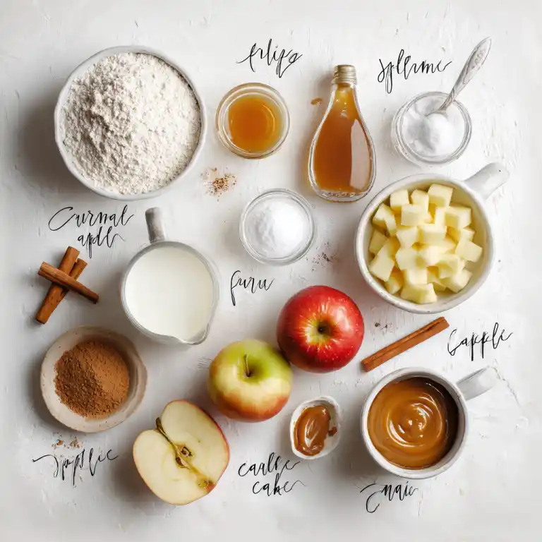 Caramel apple mug cake ingredients flat lay