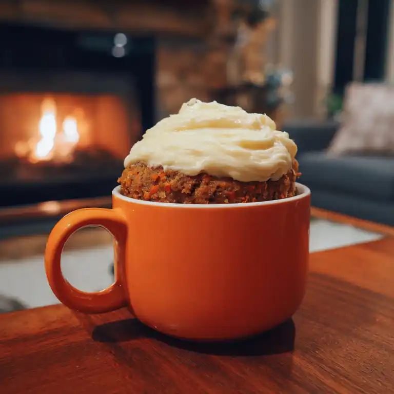 Carrot mug cake with cream cheese frosting in a mug