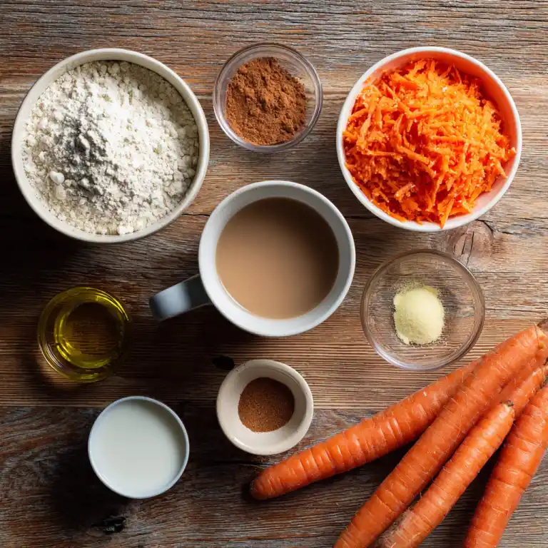 Carrot mug cake ingredients flat lay on wooden counter