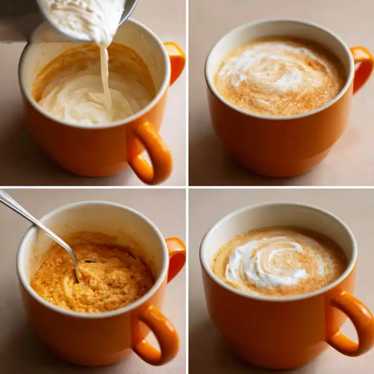 Step-by-step process making carrot mug cake in a mug