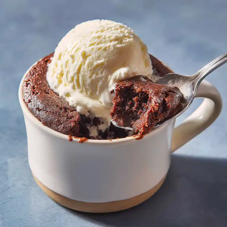 Chocolate Fudge Cake in a Mug served with ice cream