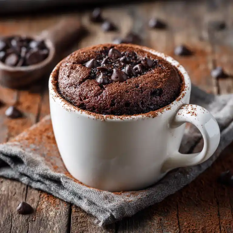 Chocolate Mug Cake Recipe in white mug