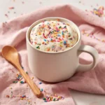 funfetti microwave mug cake in white mug with sprinkles