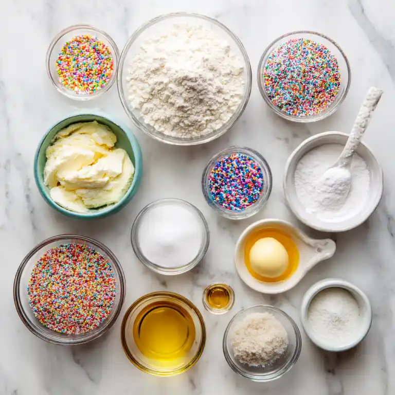 ingredients for funfetti microwave mug cake on marble