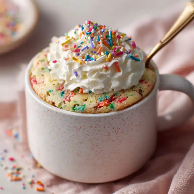close-up of funfetti mug cake with whipped cream