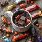 halloween candy mug cake with melted chocolate and wrappers