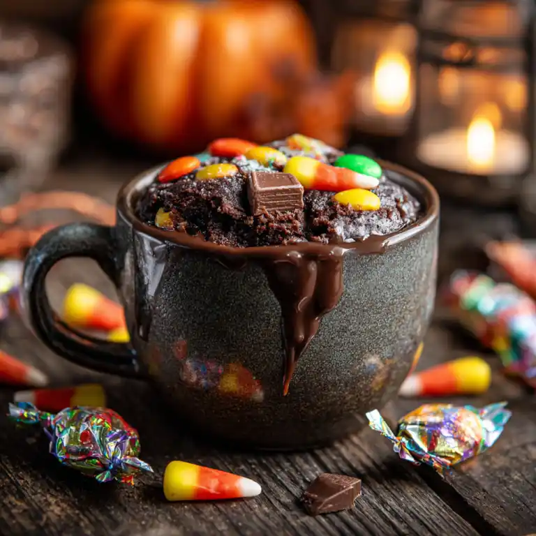 Halloween Candy Mug Cakes in a mug with candy chunks