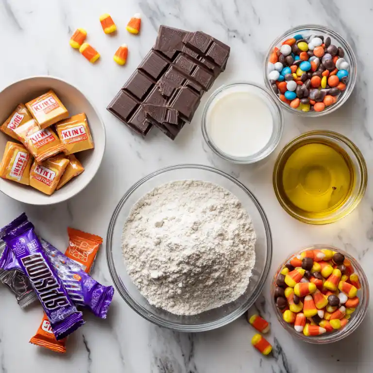 ingredients for Halloween Candy Mug Cakes on marble counter