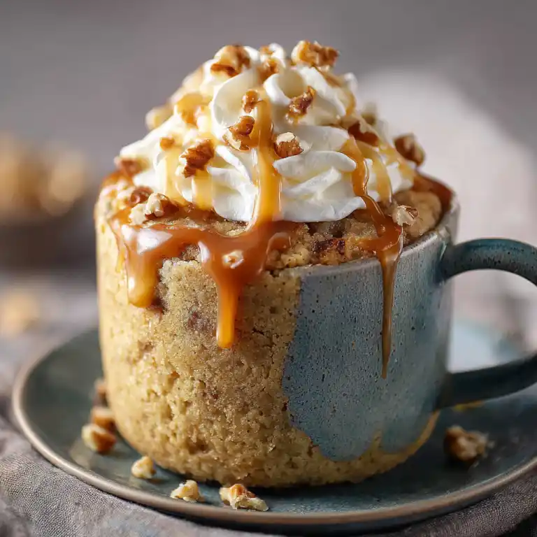 keto apple mug cake with caramel and cream