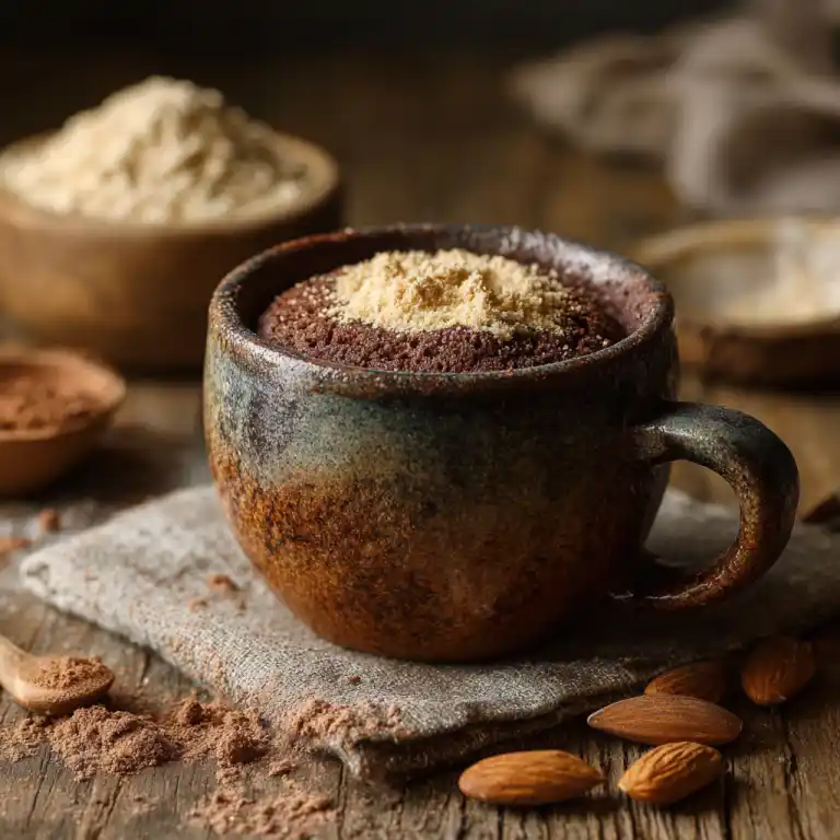 keto mug cake in rustic mug