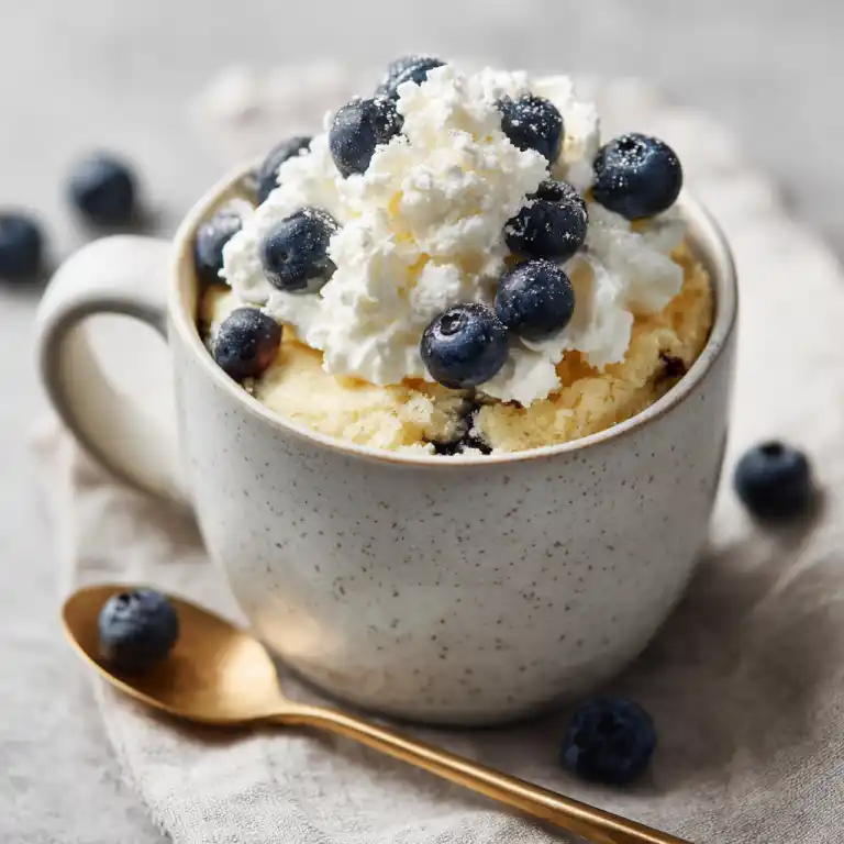 keto mug cake with whipped cream and blueberries