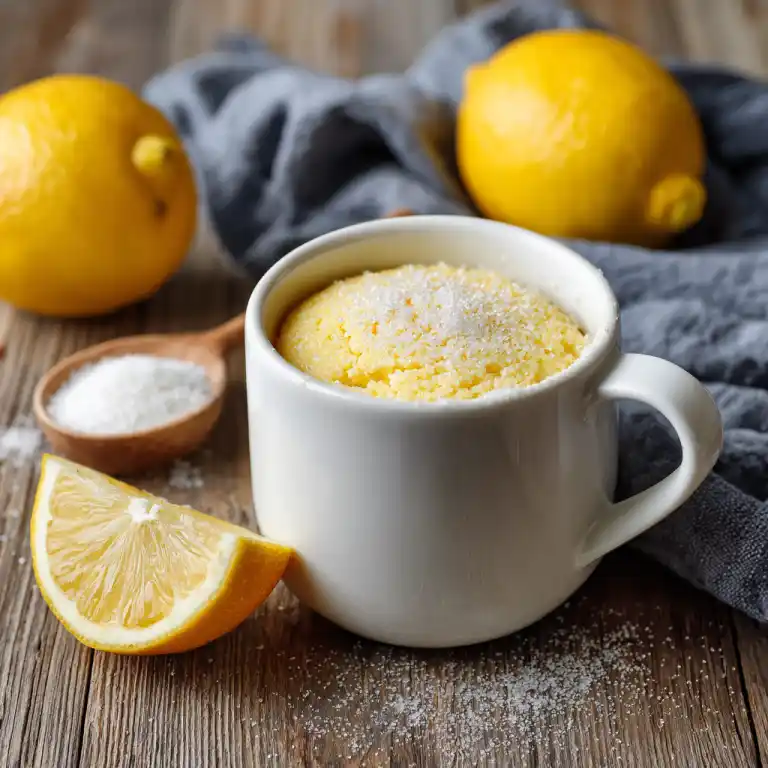lemon mug cake without lemon zest recipe in a white mug