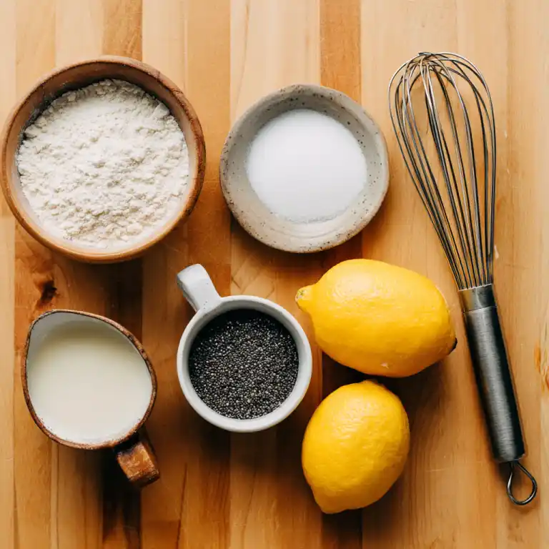 Ingredients for Lemon Poppy Seed Mug Cake with lemon zest and poppy seeds
