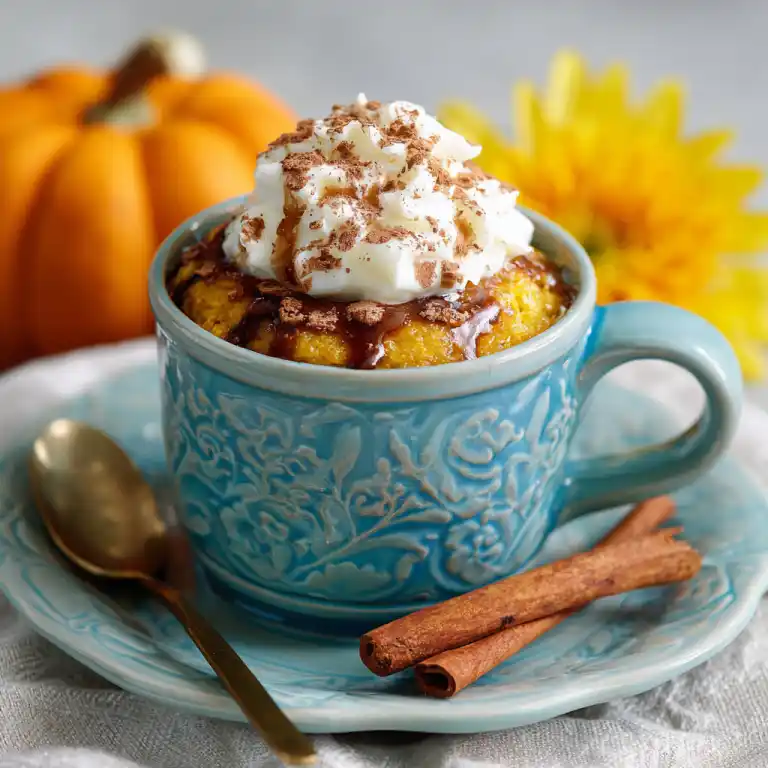 Pumpkin Mug Cake in cozy fall kitchen