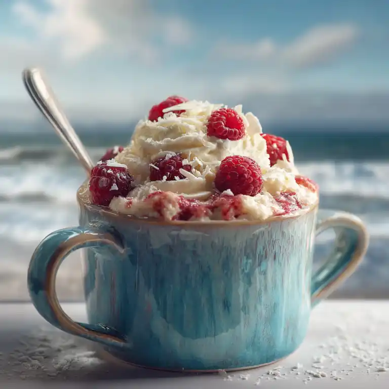 Raspberry White Chocolate Mug Cake with Whipped Cream and Raspberries