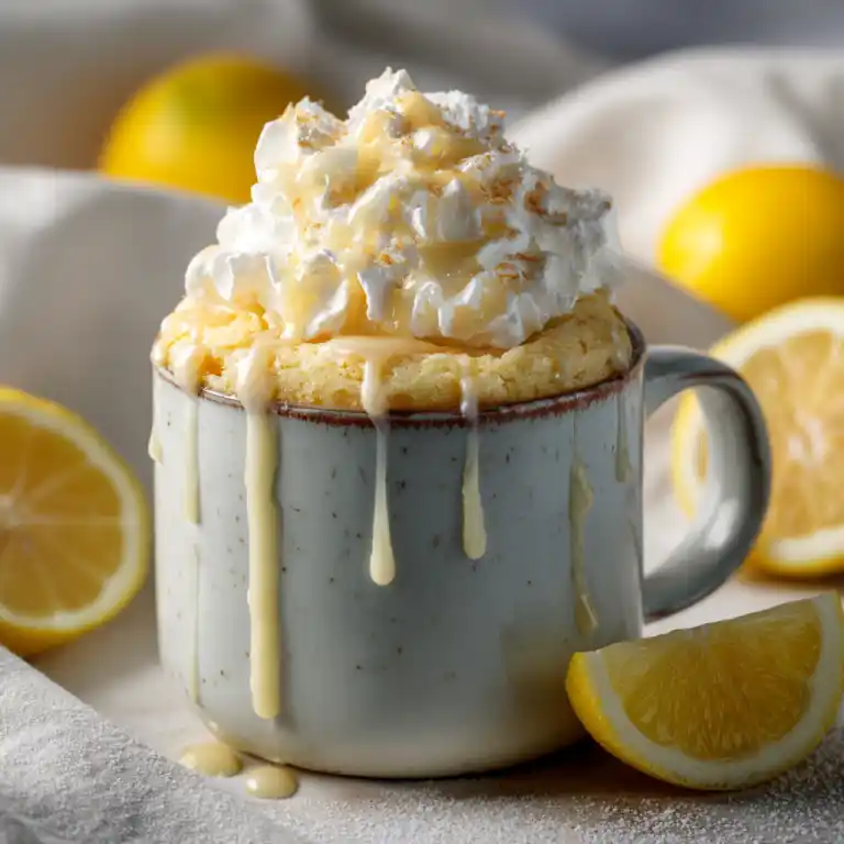serving lemon mug cake without lemon zest with cream and glaze
