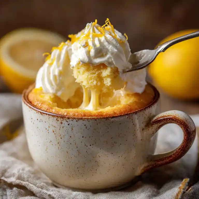 serving lemon mug cake with whipped cream